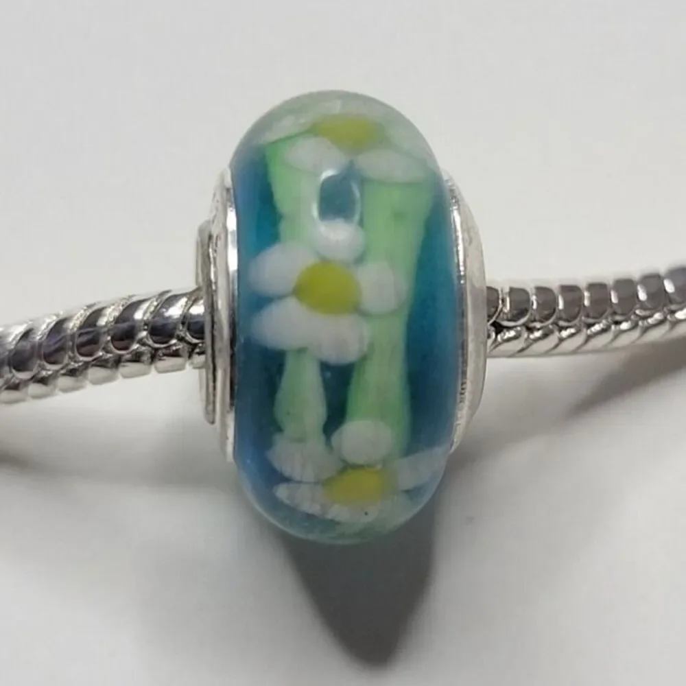 NWT For Pandora Charm Bracelet 925 Sterling Silver Murano Glass White Daisy Bead